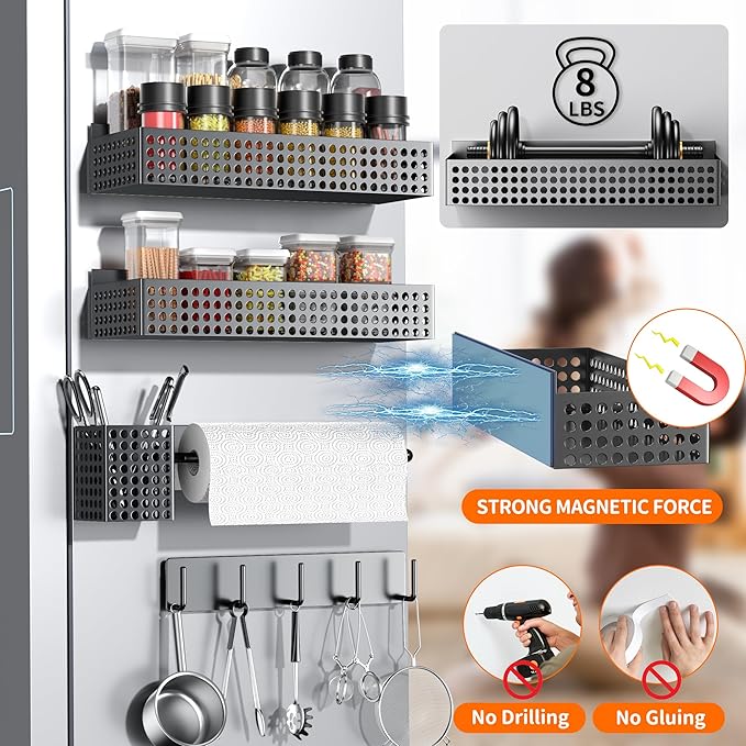 Magnetic Spice Rack for Refrigerator 2 Tiers and Paper Towel Holder and Utensil Holder, Magnetic Refrigerator Organizer, Strong Magnetic Fridge Shelf, Side Fridge Storage Rack for Kitchen