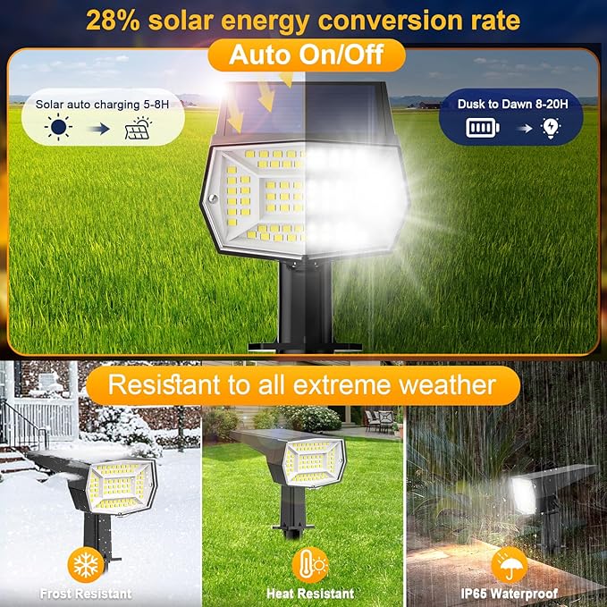 Fabrito 72 LEDs Solar Spot Lights Outdoor Waterproof, 3 Modes Landscape Spotlights, Dusk to Dawn Solar Powered Flood Wall Lights for Outside, Solar Garden Lights for Yard Porch 2 Pack (Warm White)
