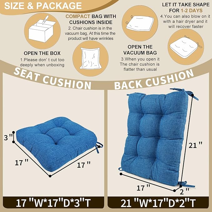 BUYUE Chair Cushion Set for Rocking Chair, Back Pillow & Seat Cushion with Ties, Original Woven Fabric Non-Slip Chair Pads for Elderly Sitting, Blue