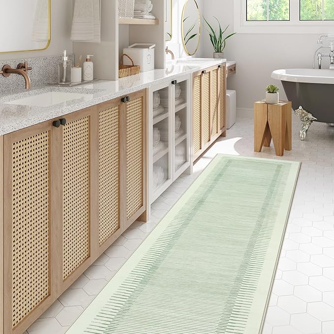 Wonnitar Washable Green Striped Runner Rug for Hallway 2'6"x8', Non-Slip Soft Runner Rug for Bedroom, Low Pile Minimalist 8ft Carpet Runner for Bathroom Laundry Kitchen (Green, 2'6" x 8')