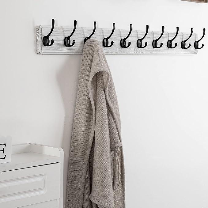 SKOLOO Farmhouse Style Large Wall Mounted Coat Rack-38.6'' Long, Pine Solid Wood Coat Hook Hanger - 10 Hooks for Hanging Clothes Robes Towels Coats