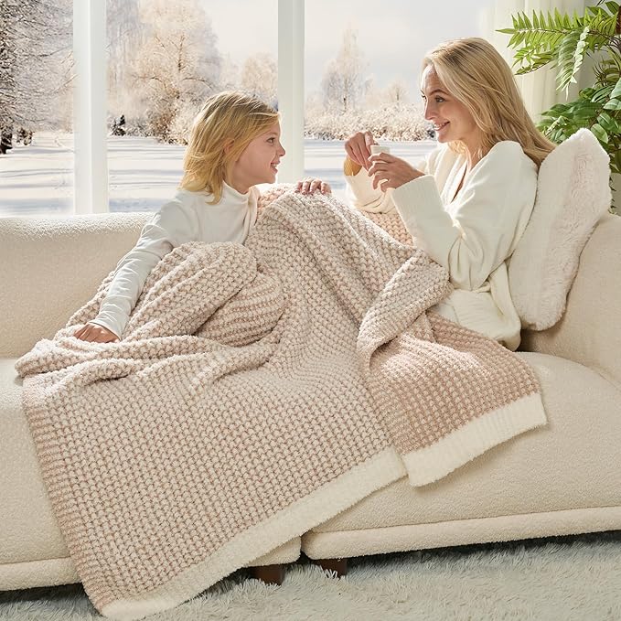 Snuggle Sac Cream Waffle Throw Blanket for Couch Bed Sofa 50x60 inches, Reversible Beige Blanket Microfiber Fluffy Fuzzy Cozy Knit Soft Throws for Women Mothers Birthday Gifts