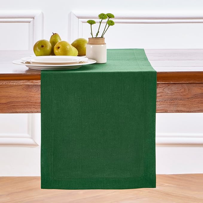 Solino Home Linen Table Runner 60 Inches - 100% Pure Linen Pine Green Table Runner 14 x 60 Inch Ideal for Dresser and Coffee Tables - Fall, Autumn, Thanksgiving - Fete