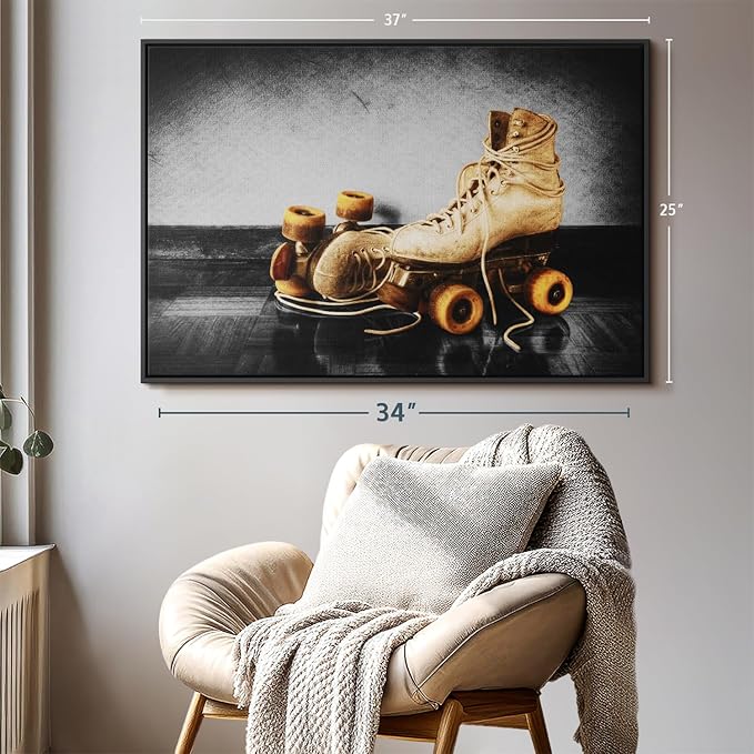 ElephantStock Vintage Skates Pop Wall Art - Horizontal Framed Canvas - 1-Piece Living Room Wall Decor - Sport Photography Canvas Print - Beige and Black Decor for Wall - 37" X 25"