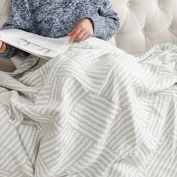 jinchan Boho 100% Cotton Blanket Muslin 50x60 Inches Lightweight 3-Layer Geometric Square Striped Pattern Reversible Quilt Throw Soft Breathable Comfy All Seasons for Couch Bed Decor, Light Grey