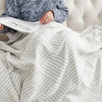 jinchan Boho 100% Cotton Blanket Muslin 50x60 Inches Lightweight 3-Layer Geometric Square Striped Pattern Reversible Quilt Throw Soft Breathable Comfy All Seasons for Couch Bed Decor, Light Grey