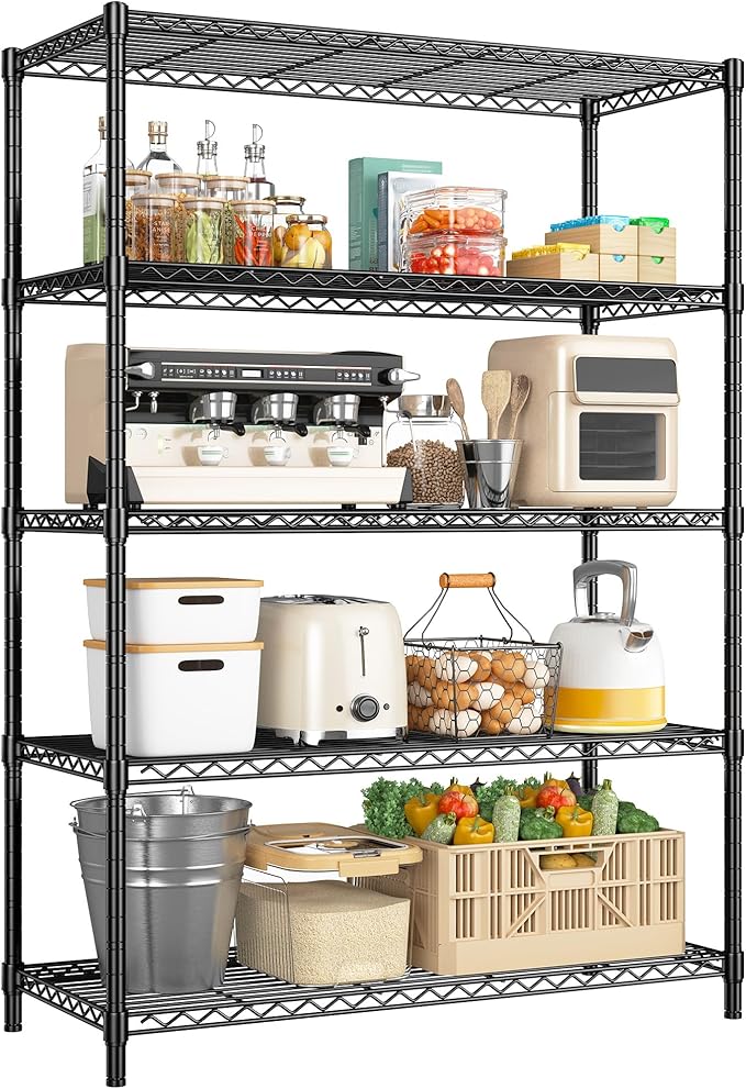 5 Tier Storage Shelves 71"H Wire Shelving Adjustable Metal Shelving,1000LBS Pantry Shelves Sturdy Steel Wire Shelf for Kitchen School Pantry Garage Warehouse ,71"H X35.5"W X13.8"D, Black,2P