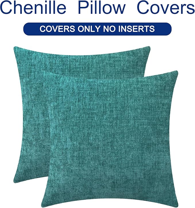 CaliTime Throw Pillow Covers Decorative 20 X 20 Inches Pack of 2 Cozy Chenille Cushion Cases for Couch Sofa Bed Living Room Home Teal