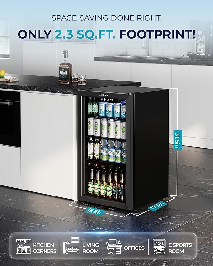 EUHOMY Beverage Refrigerator and Cooler, 128 Can Mini fridge with Glass Door, Small Refrigerator with Adjustable Shelves for Soda Beer or Wine, Home/Bar/Office, Black