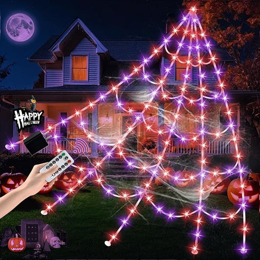 Halloween Spider Web Lights 550 LED Lighted Spider Web 16.4Ft Giant Halloween Decorations Light up with 8 Lighting Modes Waterproof & Timer for Indoor Outdoor House Haunted Yard Decor, Purple & Orange