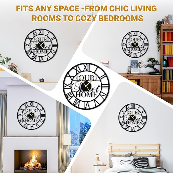 LBC.JzJu24inches/60cm Large Wall Clocks Battery Powered No Ticking Silent Round Black Modern Unique Metal Wall Clocks Suitable Living Room Kitchen Bedroom Fireplace Office Farmhouse。