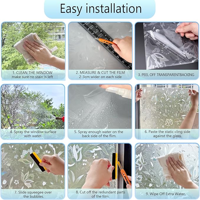 HIDBEA Window Privacy Film, 3D Stained Glass Static Cling - Sun Blocking Anti-UV Heat Control, Reusable Decorative Film for Home/Office Doors, Rainbow Tulip Design (29.5 in x 78.7 in)