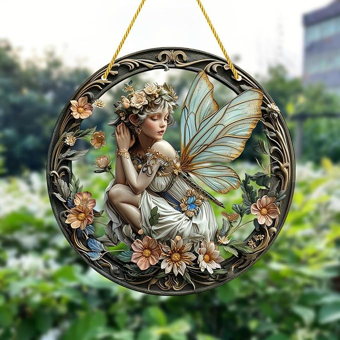 Flower Fairy Garden Decorations Angel Wing Christmas Halloween Deco Statue Art Elf Sculpture Hanging Craft for Outdoor Yard Courtyard Lawn Patio Window Acrylic Ornament Home Gift (A,L: 8*8 IN)