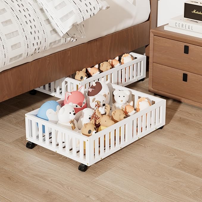 Bamboo Under Bed Storage with Wheels (2-Pack) – Rolling Underbed Shoe Organizer Box for Shoes, Blankets, Toys, Clothes Container Space-Saving Organizer Bins for Bedroom, Closet, Dorm, Nursery