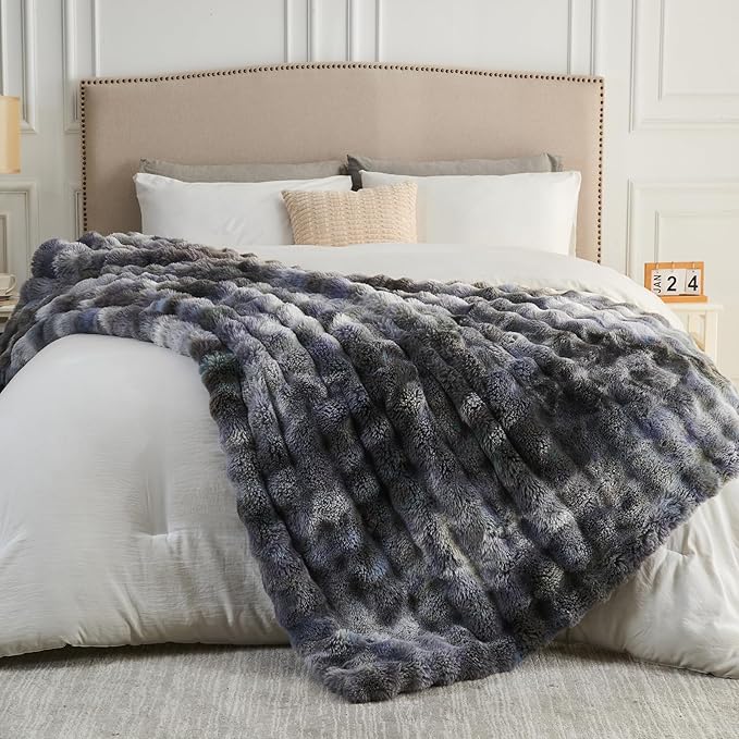 NEWCOSPLAY Faux Fur Throw Blanket Tie-dye Grey Luxury Fluffy Thick Warm Bubble Blanket for Couch Sofa Bed 700GSM (Tie-dye Grey, Throw(50"x60"))