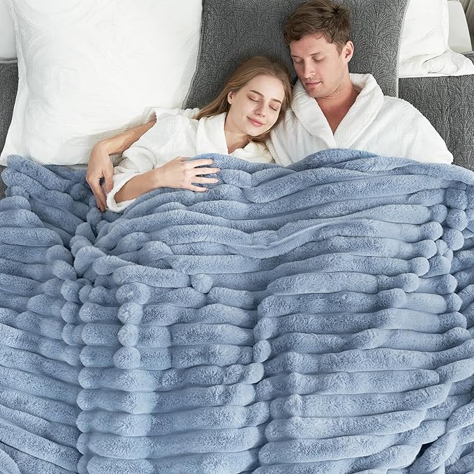 Cozy Bliss Faux Fur Throw Blanket for Couch, Cozy Warm Plush Striped Blanket for Sofa Bedroom Living Room,60 * 80 Inches Light Blue