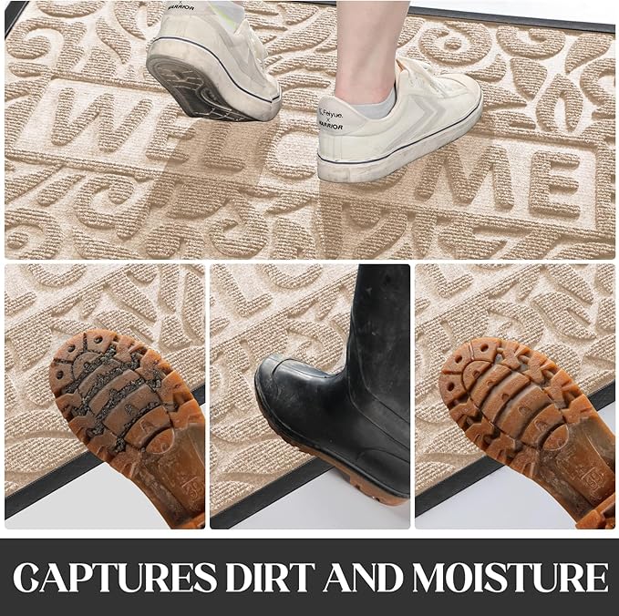 Yimobra Welcome Front Door Mat Outdoor, Heavy Duty Sturdy Non Slip Doormats, Rubber Backing, Low-Profile Entrance Rugs, Absorbent Resist Dirt, Easy Clean Patio Garage Floor Mats, 60X36 Inch, Beige