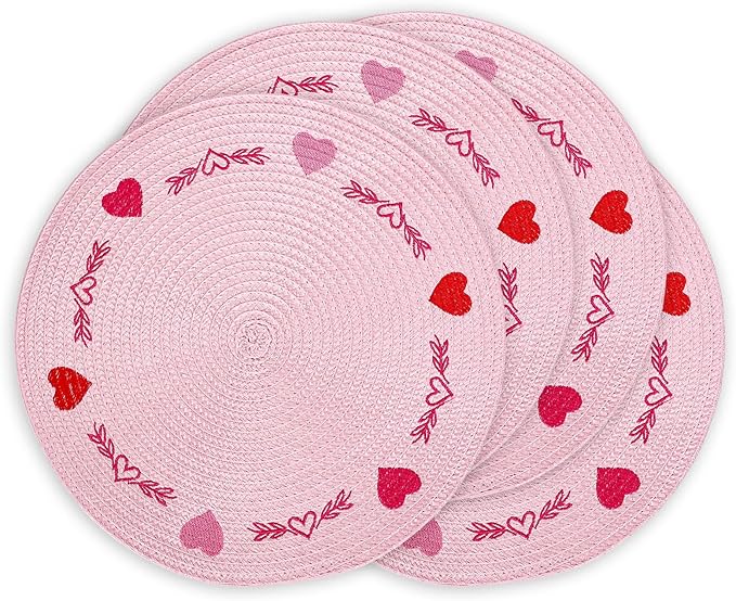 Whaline 4Pcs Round Valentine Placemats Red Pink Heart Embroidered Place Mats Decorative Dinner Table Mats for Home Wedding Anniversary Party Decor