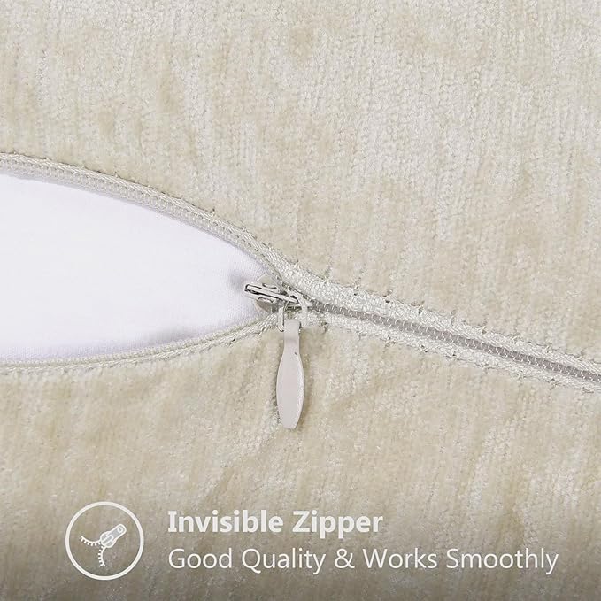 decorUhome Chenille Soft Throw Pillow Covers 20x20 Set of 2, Farmhouse Velvet Neutral Decorative Euro Pillow Covers with Stitched Edge for Couch Sofa Bed Home Decor, Beige