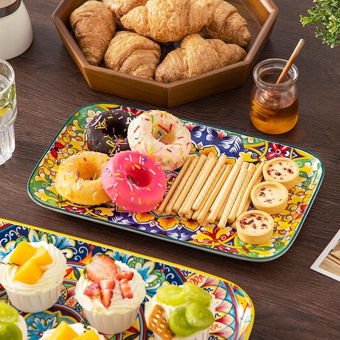vancasso Serving Platters Set of 3, 16"/14"/12" Inch Rectangular Trays - Serving Platter Extra Large, Bohemian Ceramic Serving Dish for Entertaining Food, Microwave & Dishwasher Safe, Vintage