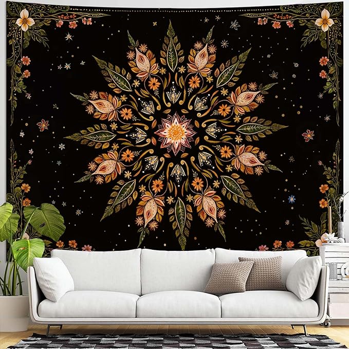 Fowocu Boho Floral Mandala Tapestry for Bedroom Aesthetic Vintage Bohemian Flower Wall Tapestry Black Green Hippie Indian Extra Large Tapestries Wall Hanging for Living Room Dorm Decor 90 x 68 Inch