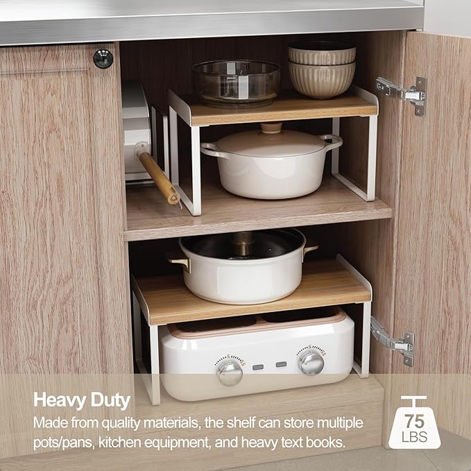 Mitus Shelf Organizer and Storage, Tiered Wood Cabinet Rack for The Kitchen Counter, Bathroom Counter, Pantry Cupboard, Office Desk Bookshelf, 16" Wide Natural and White (Large)