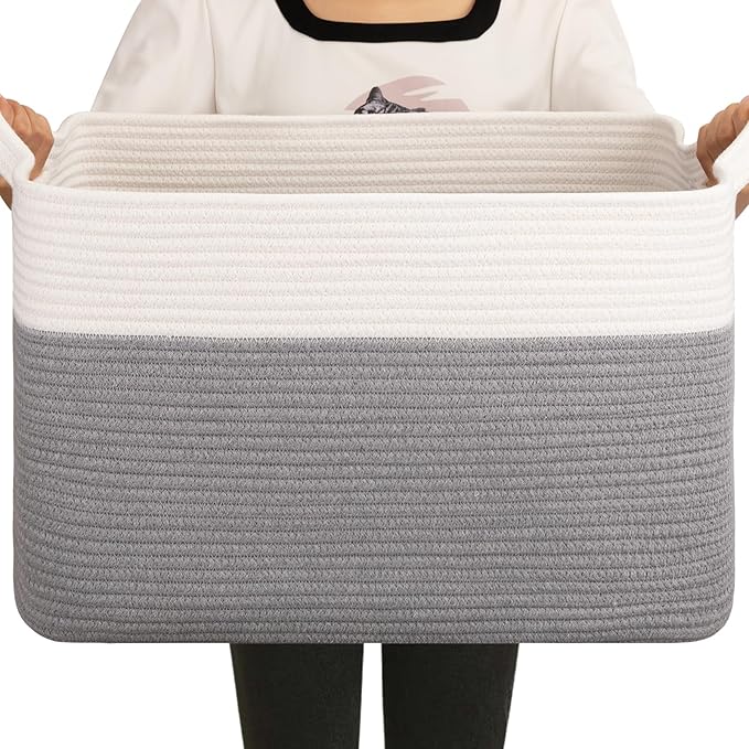OIAHOMY 65L Blanket Basket, Cotton Rope Woven Blanket storage for Living Room, Rectangle Woven Baskets for Storage, 20''×16''×12'', Grey and White