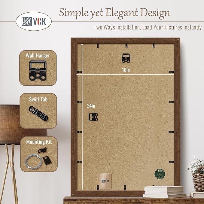 VCK 16x24 Picture Frame 3 Pack, Brown Wood Poster Frame with Exclusive Wood Grain, Wall Mounting Hanging