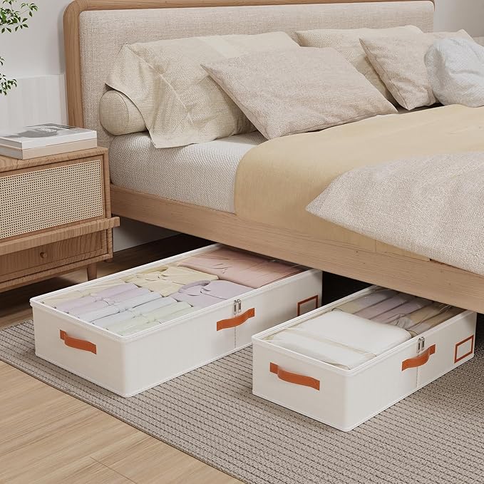 Yawinhe Under Bed Storage, 2 Pack Closet Organizers, Collapsible Container Bags, with Sorting Card Slot and 4 Leather Handles, for Blanket, Bedding, 23.6''Lx11.8''Wx6''H, Beige
