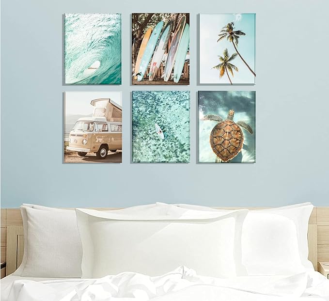 Set of 6 Tropical Beach Canvas Wall Art Surf Poster Summer Ocean Coastal Pictures Turtle Print Palm Tree Surfboard Gallery Paintings Nautical Bus Wall Decor for Bedroom Bathroom Framed