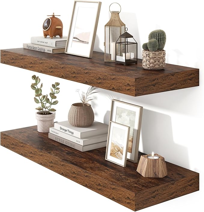 Heimlove 36 Inch Floating Shelves for Wall Set of 2,Rustic Brown Wall Shelves for Storage & Decor - Heavy Duty with Invisible Brackets,Perfect for Living Room,Bedroom,Home Office