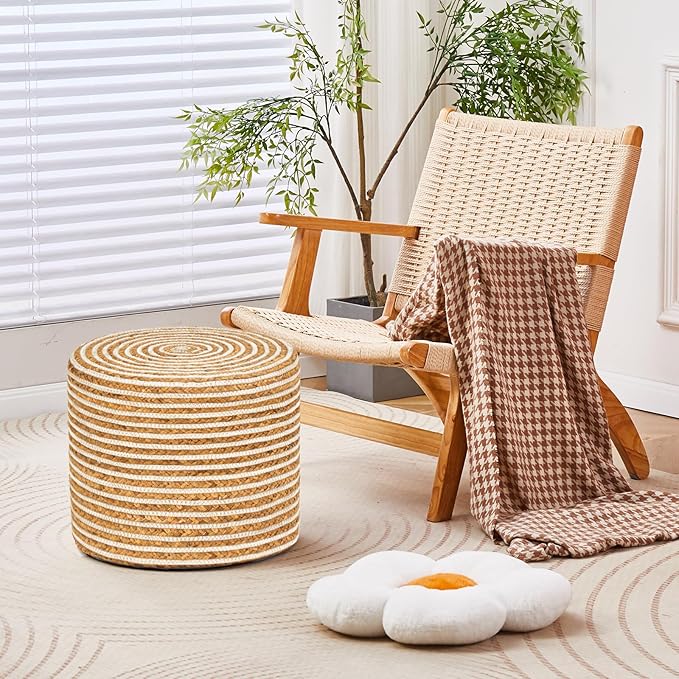 Wimarsbon 18'' Ottoman Pouf, Natural Braided Poof, Rustic Handweave Lounge Pouffe, Boho Footrest Stool for Bedroom, Accent Table or Seat for Living Room (Natural Water Hyacinth + White Cotton Rope)