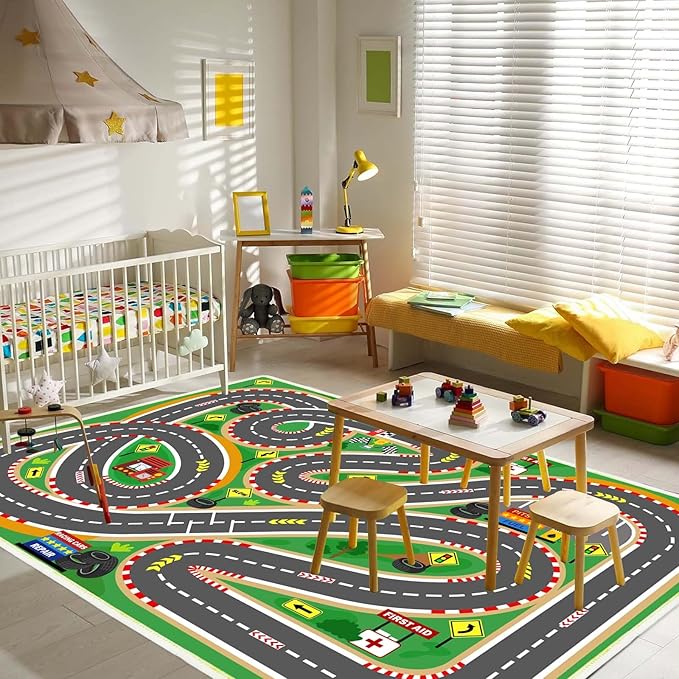 Kids Rug Play mat Playroom Rugs Car Rugs for Kids Toy Cars Race Track for Classroom Rug (Race-Green, 5.2x7.9ft)