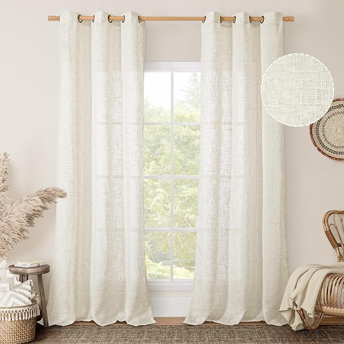 LAMIT 38 Inch Width Semi Sheer Linen Curtains 2 Panels, Cream Ivory Light Filtering Panels Bronze Grommet Boho Neutral Drapes for Living Room/Bedroom/Farmhouse, 38 x 84 Inch