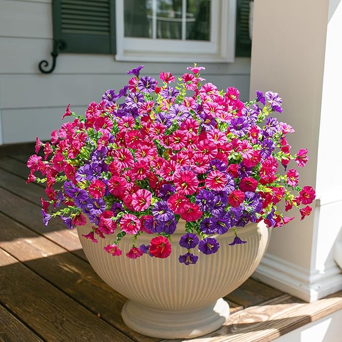 Artificial Flowers for Outdoors Fake Plants Outside Decoration, 12 Bundles Silk Colorful Morning Glory with Eucalyptus UV Resistant Realistic Faux Flowers for Planter Porch Patio Yard Garden