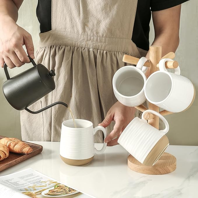 Large Ceramic Coffee Mugs Set - 15 OZ Porcelain Coffee Latte Cups Set of 4 with Handle Perfect for Cappuccino, Tea, Mocha, Hot or Cold Drinks, Unique Glaze Design for Home, Cafe and Coffee Bar, White