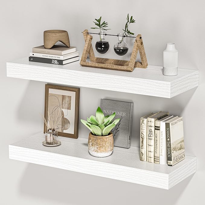 Floating Shelves for Wall, 24" W x 6.7" D x 1.5" H, Wooden Wall Mounted Display Shelves with Invisible Brackets for Living Room, Bedroom, Bathroom, Kitchen Decor and Storage, Set of 2, White