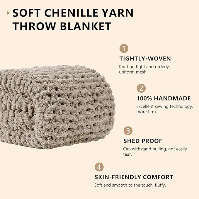 L'AGRATY Chunky Knit Blanket Throw: 80''x90'' Chenille Chunky Knitted Throw Blankets for Bed Couch - Handmade Thick Big Cable Knit Blanket - Large Crochet Rope Blankets for Home Decor(Light Linen)