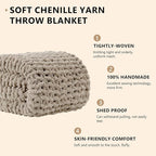 L'AGRATY Chunky Knit Blanket Throw: 50''x60'' Chenille Chunky Knitted Throw Blanket for Bed Couch - Handmade Thick Big Cable Knit Blanket - Large Crochet Rope Blanket for Home Decor(Light Linen)