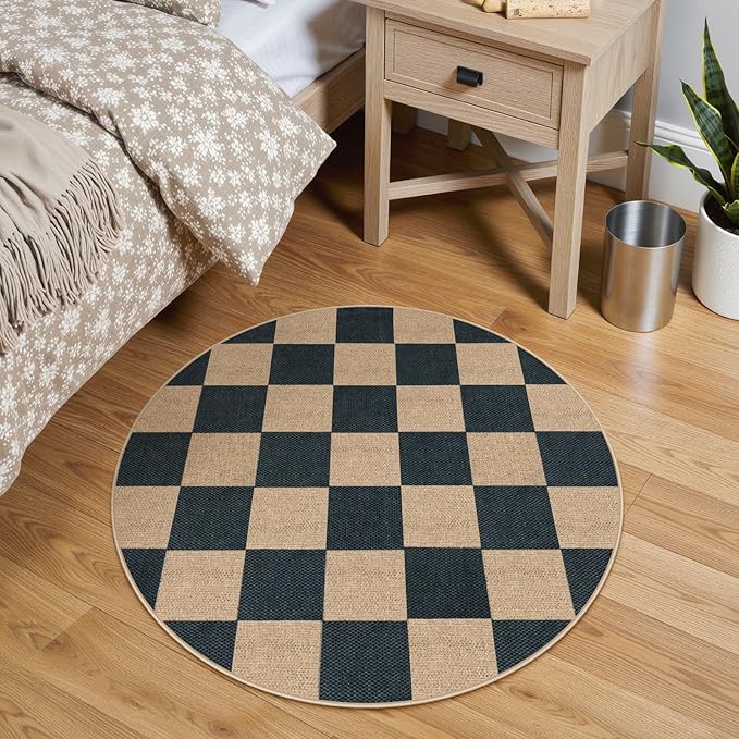 Lahome Checkered Easy Jute Rugs for Entryway, 3 ft Round Rug Small Indoor Outdoor Circle Carpet, Farmhouse Neutral Non Slip Non Shedding Black Carpet for Kitchen Front Porch Foyer