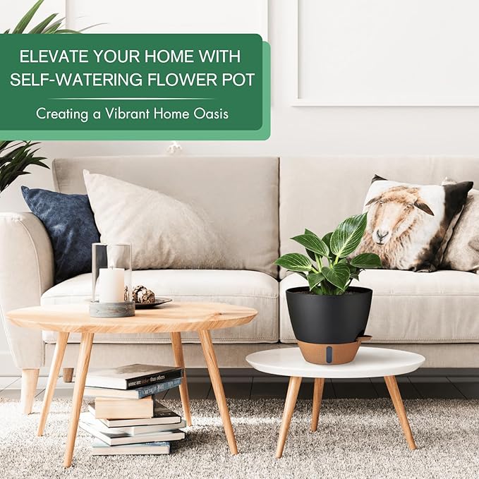 2 Pack 10 inch Plant Pots, PP Plastic Self Watering Plant Pot with Drainage and Tray for Indoor Outdoor Plants , Water Level Window & Reservoir Flower Pots Decorative Planter (Black, 10 Inch)