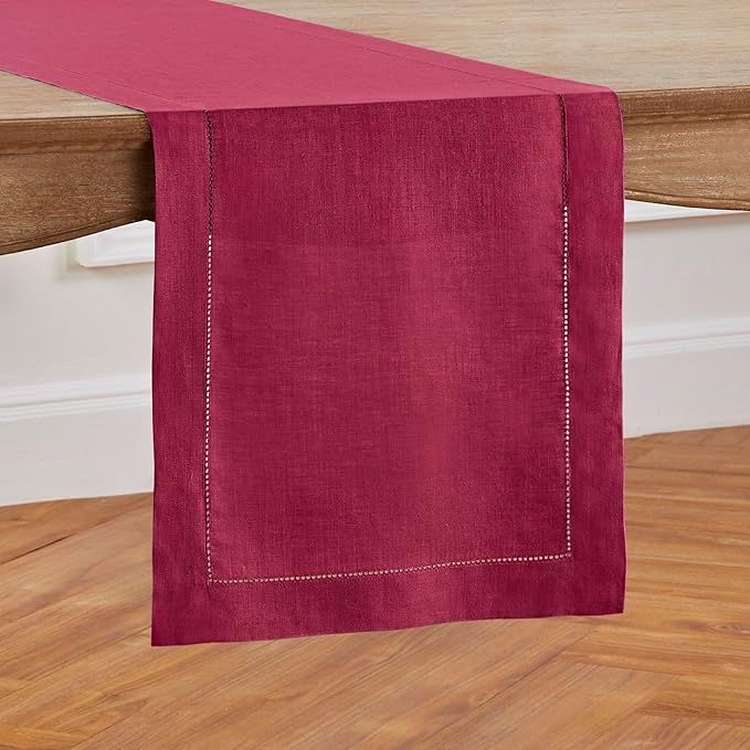 Solino Home Linen Beet Table Runner 108 Inches Long - 100% Pure Linen Hemstitch 14 x 108 Inch Table Runner for Dining, Fall, Autumn, Thanksgiving - Classic Hemstitch
