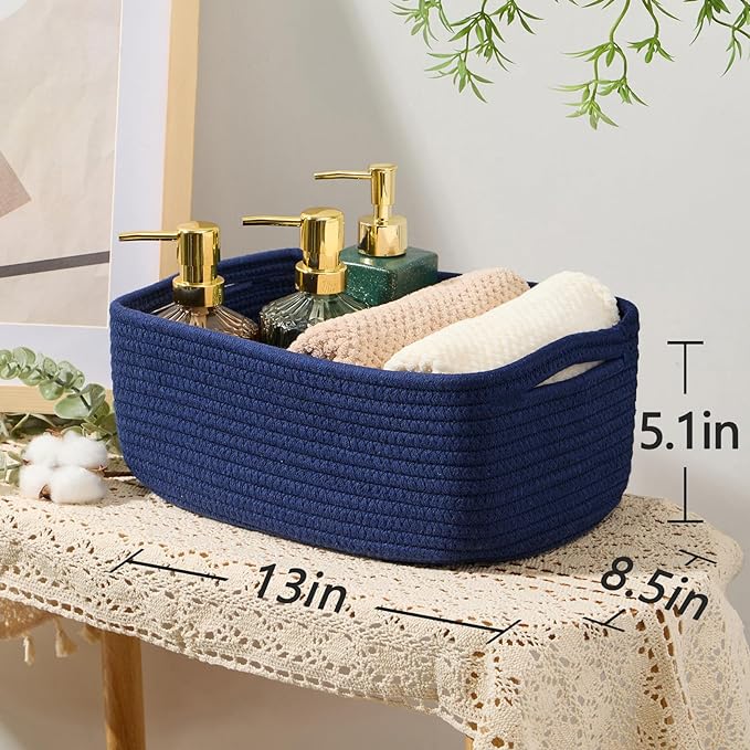 Small Storage Baskets for Organizing | Closet Organizer Bins | Shelf Toy Basket | Woven Rope Baskets | Cube Decorative Box | Shallow Basket | 13x8.5x5.1” | 3 Packs Navy Blue