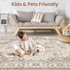 Washable Area Rugs for Living Room -10x12 Neutral Vintage Distressed Floral Farmhouse Boho Large Soft Floor Rug Indoor Non Slip Carpet for Living Room Bedroom Dining Room Office-Brown/Multi