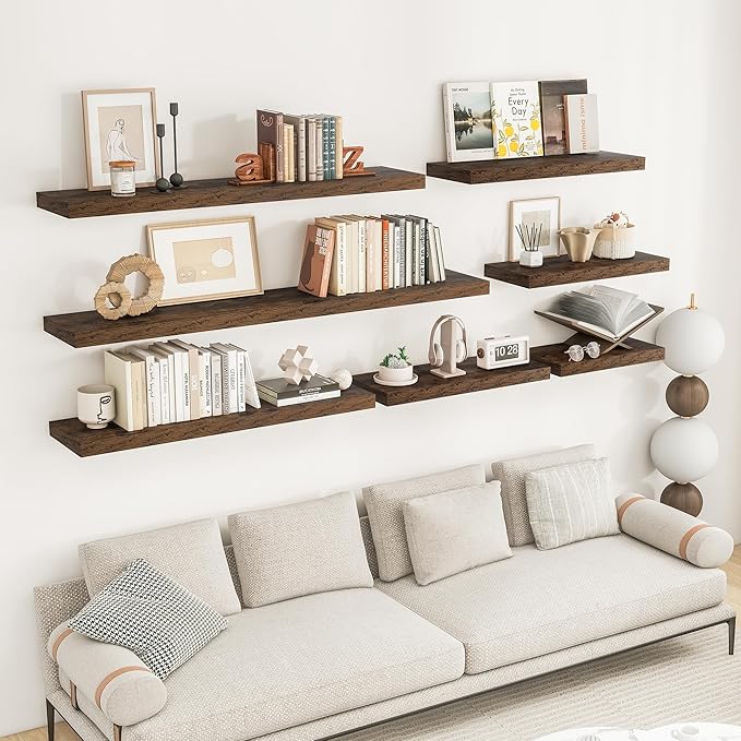 RICHFOCUS 48Inch Floating Shelves for Wall 2 Pack Shelves for Bedroom|Kitchen|Bathroom Wall Mounted Rustic Wood Floating Shelf with Invisible Brackets for Books|Storage|Decor, Rustic Brown