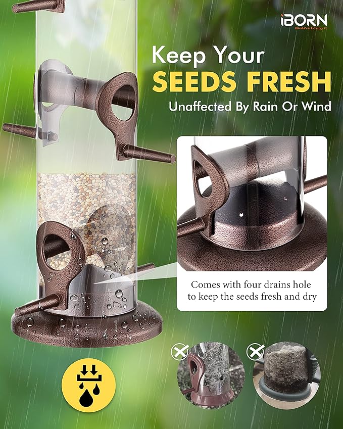 iBorn Metal Bird Feeder Hanging Wild Bird Seed Feeder for Mix Seed Blends Heavy Duty All Metal Coffee Finish,14 Inch 6 Port,Pack of 2