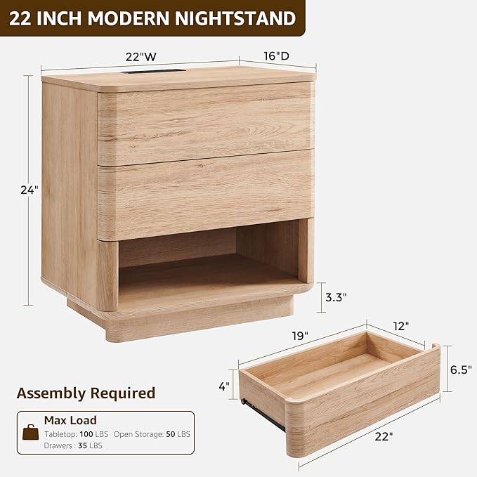 Nightstand Set of 2 with Charging Station, 22" Large Modern Bedside Table with 2 Drawers Storage,Push-to-Open End Table for Bedroom,Living Room,Natural Oak