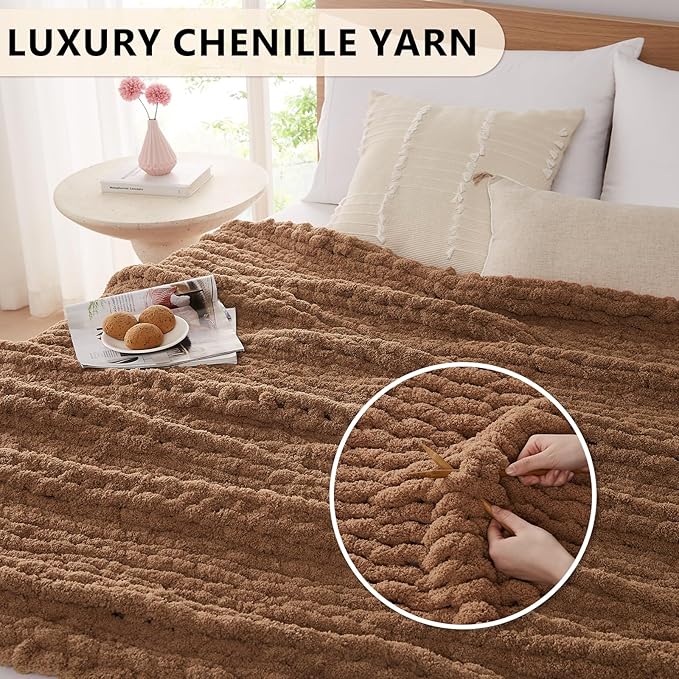 L'AGRATY Chunky Knit Blanket Throw: 72''x84'' Chenille Chunky Knitted Throw Blanket for Bed Couch - Handmade Thick Big Cable Knit Blanket - Large Chunky Crochet Rope Blanket for Home Decor(Brown)