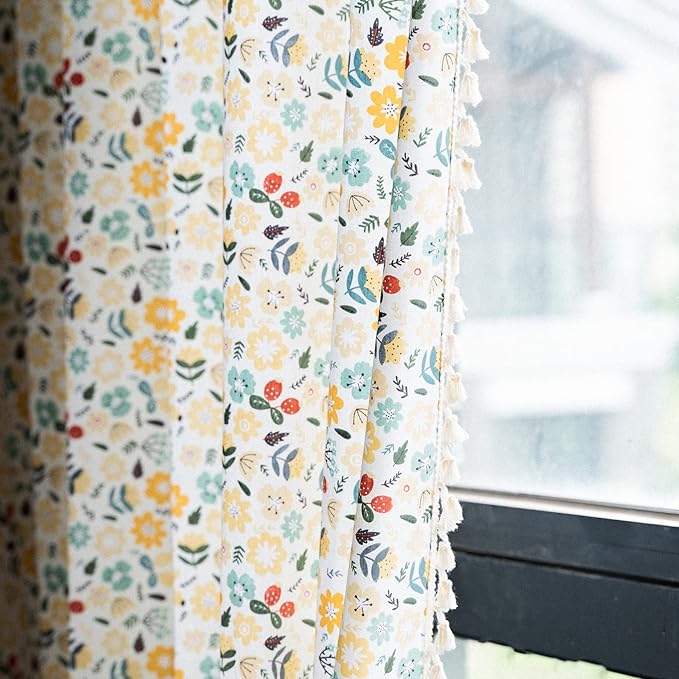 Sutuo Home Boho Curtain Semi-Blackout Colorful Florals Print Cotton Linen Fabric, Handmade Tassels Rod Pocket Bohemian Farmhouse Country Window Drapes for Living Bedroom, 59" W x 84" L, 1 Panel