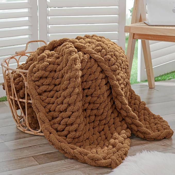 Bigacogo Chunky Knit Throw Blanket for Couch, 40x60 inches, 100% Hand Knitted with Thick Jumbo Chenille Yarn, Cozy Soft Large Rope Knot Cable Crochet Blankets for Sofa Bed Living Room, Caramel